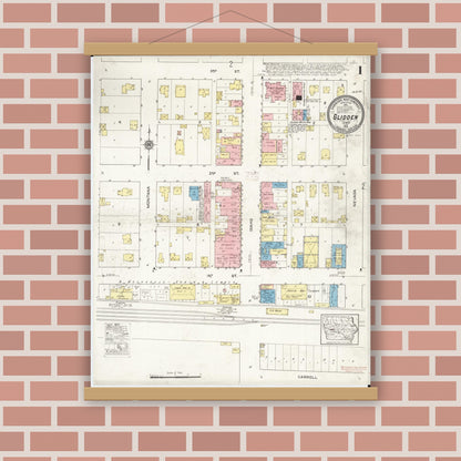 Old map wall art mockup — magnetic wood frame on brick wall — Sanborn Fire Insurance Map from Glidden, Carroll County, Iowa (1915) â€” Complete Set