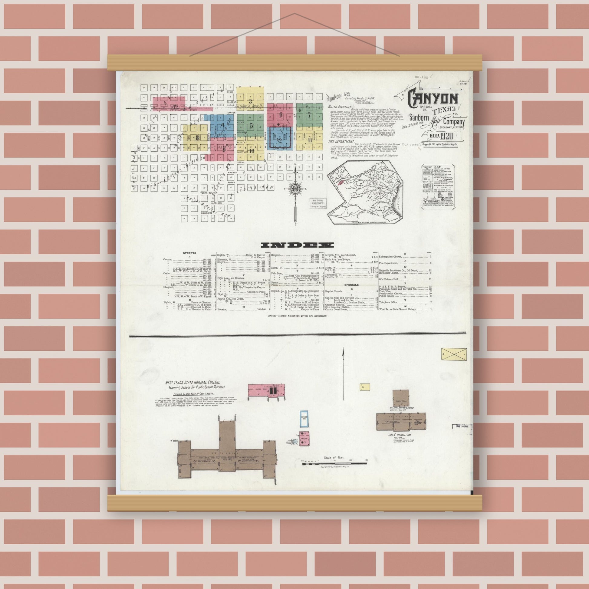 Old map wall art mockup — magnetic wood frame on brick wall — Sanborn Fire Insurance Map from Canyon, Randall County, Texas (1920), Sheet #0001