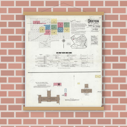 Old map wall art mockup — magnetic wood frame on brick wall — Sanborn Fire Insurance Map from Canyon, Randall County, Texas (1920), Sheet #0001
