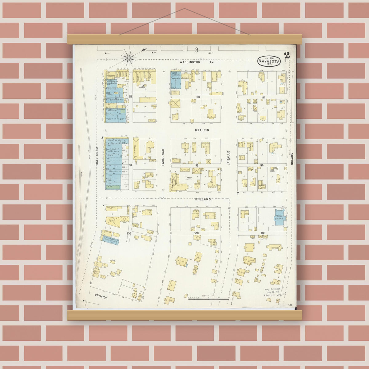 Old map wall art mockup — magnetic wood frame on brick wall — Sanborn Fire Insurance Map from Navasota, Grimes County, Texas (1896), Sheet #0002