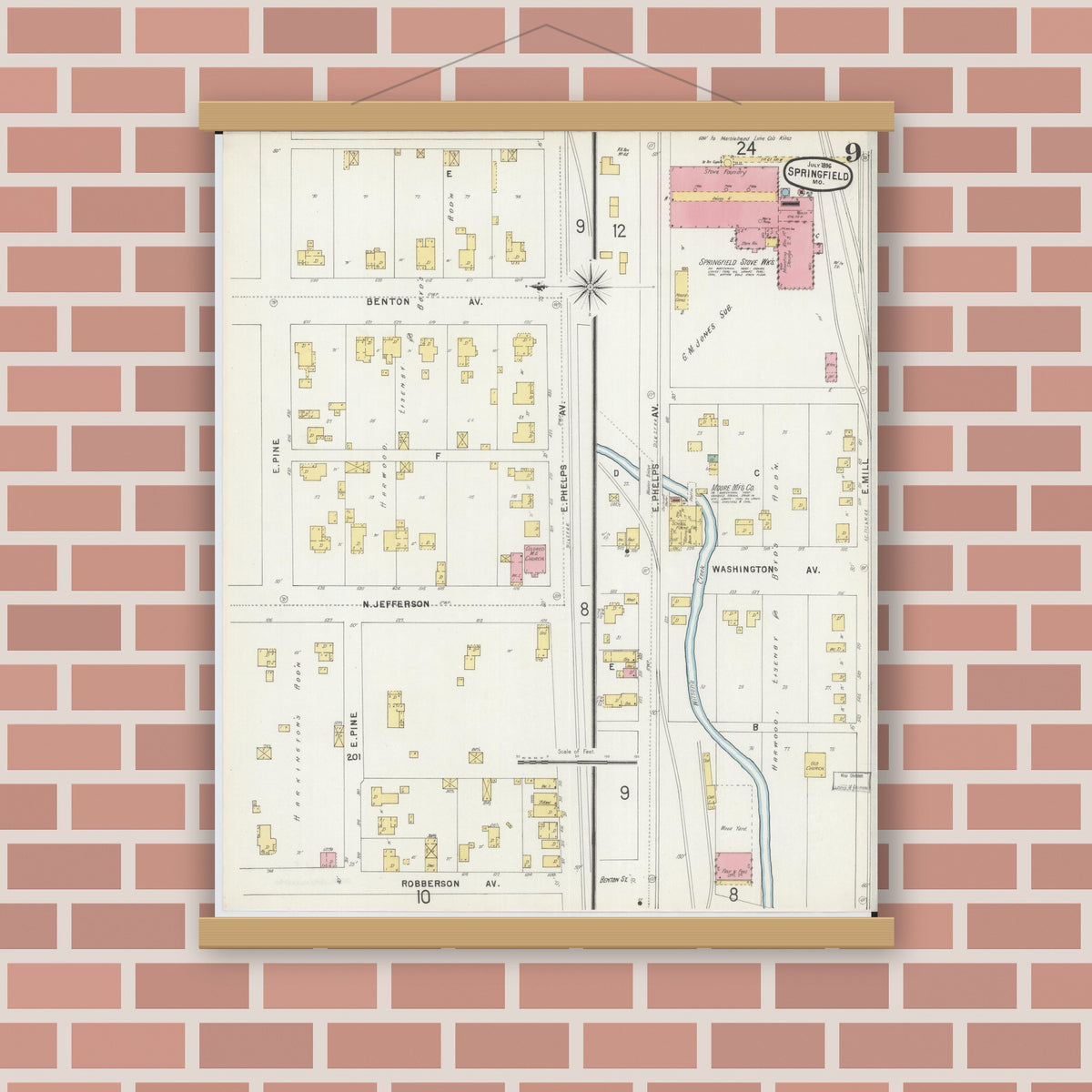 Old map wall art mockup — magnetic wood frame on brick wall — Sanborn Fire Insurance Map from Springfield, Greene County, Missouri (1896), Sheet #0009