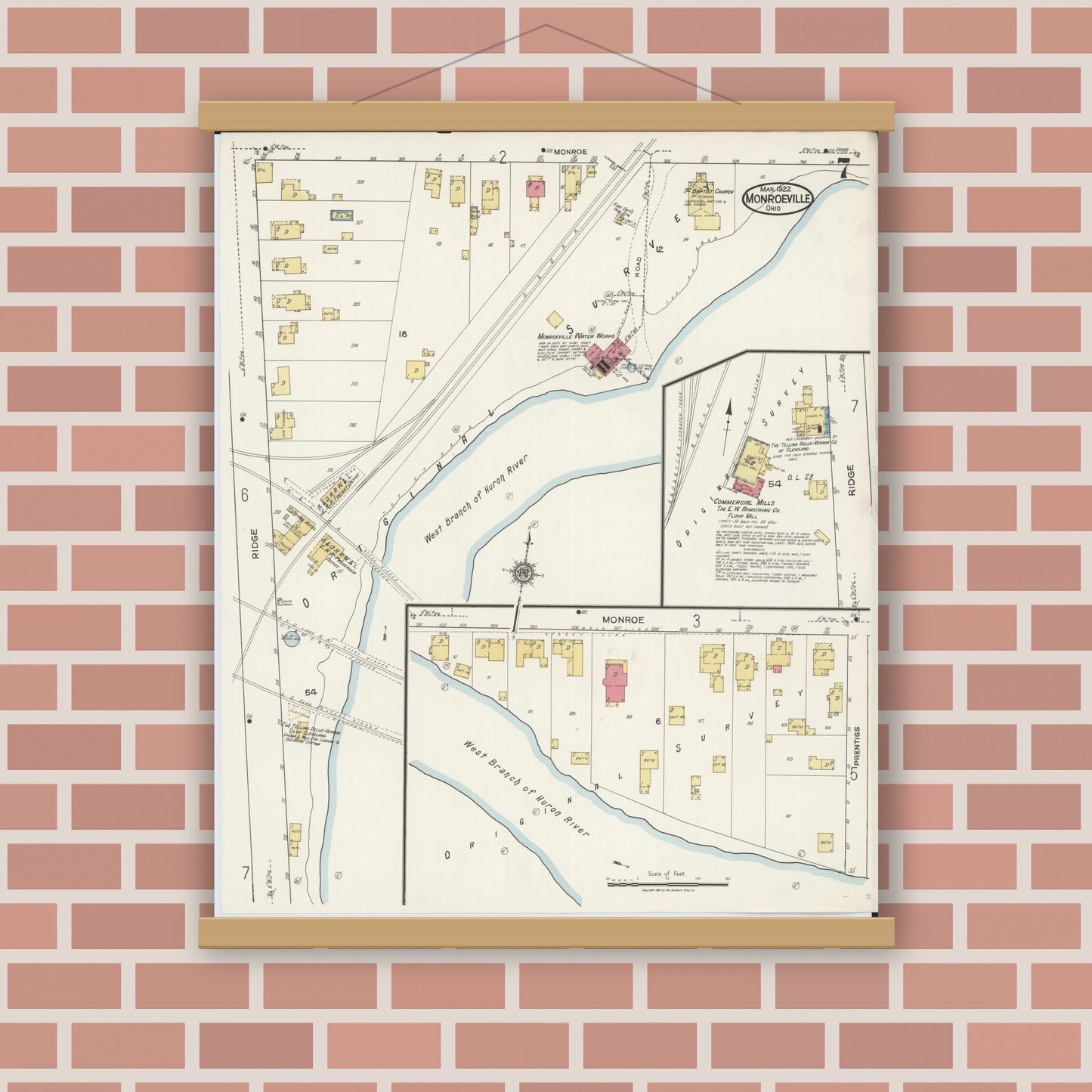 Old map wall art mockup — magnetic wood frame on brick wall — Sanborn Fire Insurance Map from Monroeville, Huron County, Ohio (1922), Sheet #0007