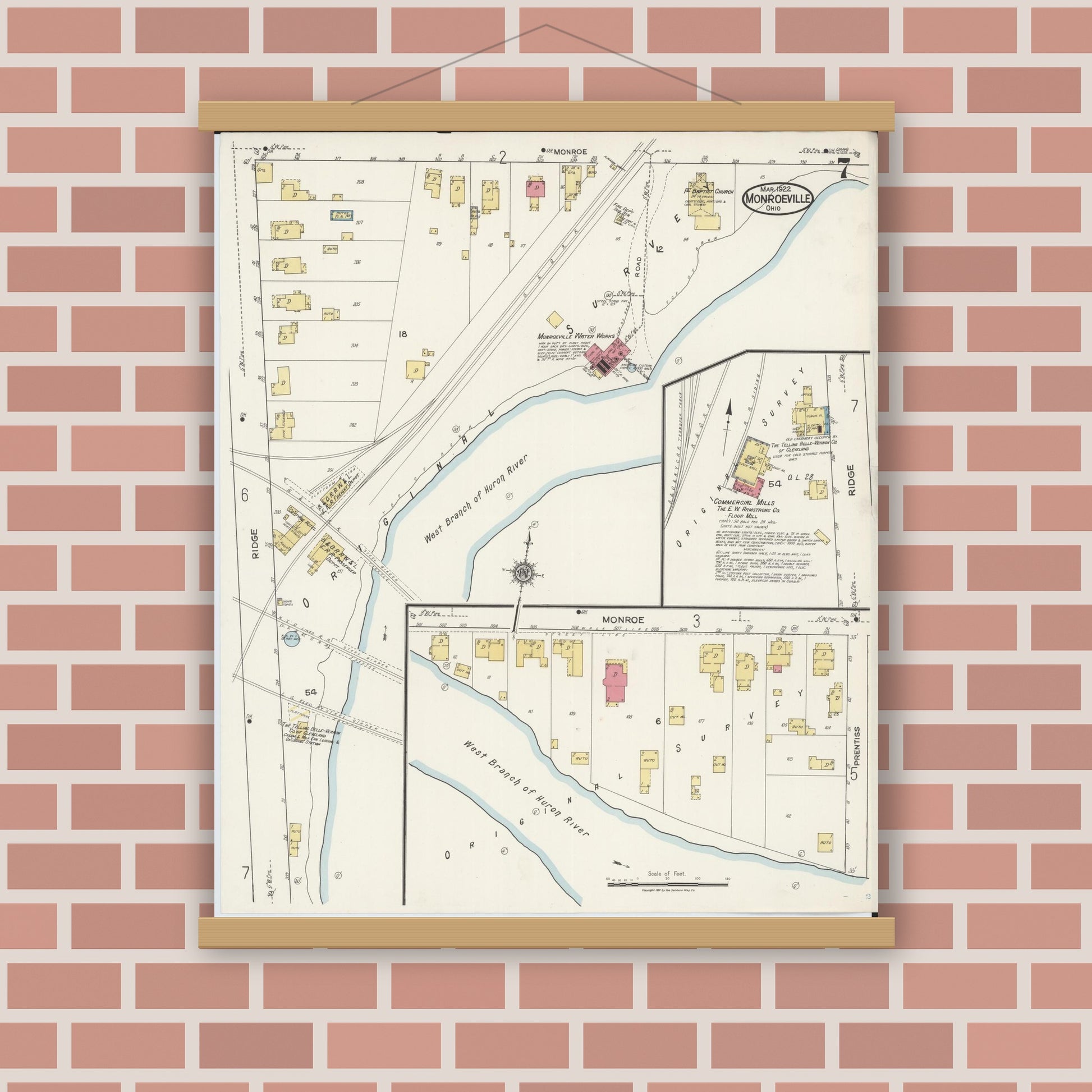 Old map wall art mockup — magnetic wood frame on brick wall — Sanborn Fire Insurance Map from Monroeville, Huron County, Ohio (1922), Sheet #0007