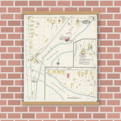 Old map wall art mockup — magnetic wood frame on brick wall — Sanborn Fire Insurance Map from Monroeville, Huron County, Ohio (1922), Sheet #0007