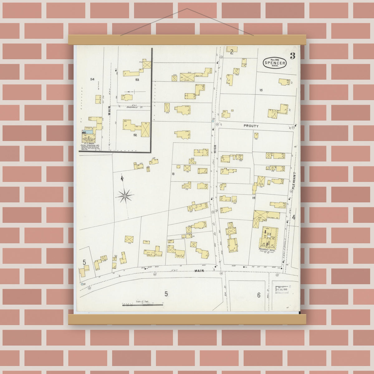Old map wall art mockup — magnetic wood frame on brick wall — Sanborn Fire Insurance Map from Spencer, Worcester County, Massachusetts (1896), Sheet #0003