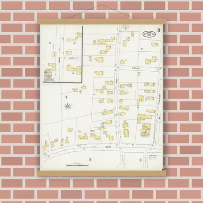 Old map wall art mockup — magnetic wood frame on brick wall — Sanborn Fire Insurance Map from Spencer, Worcester County, Massachusetts (1896), Sheet #0003