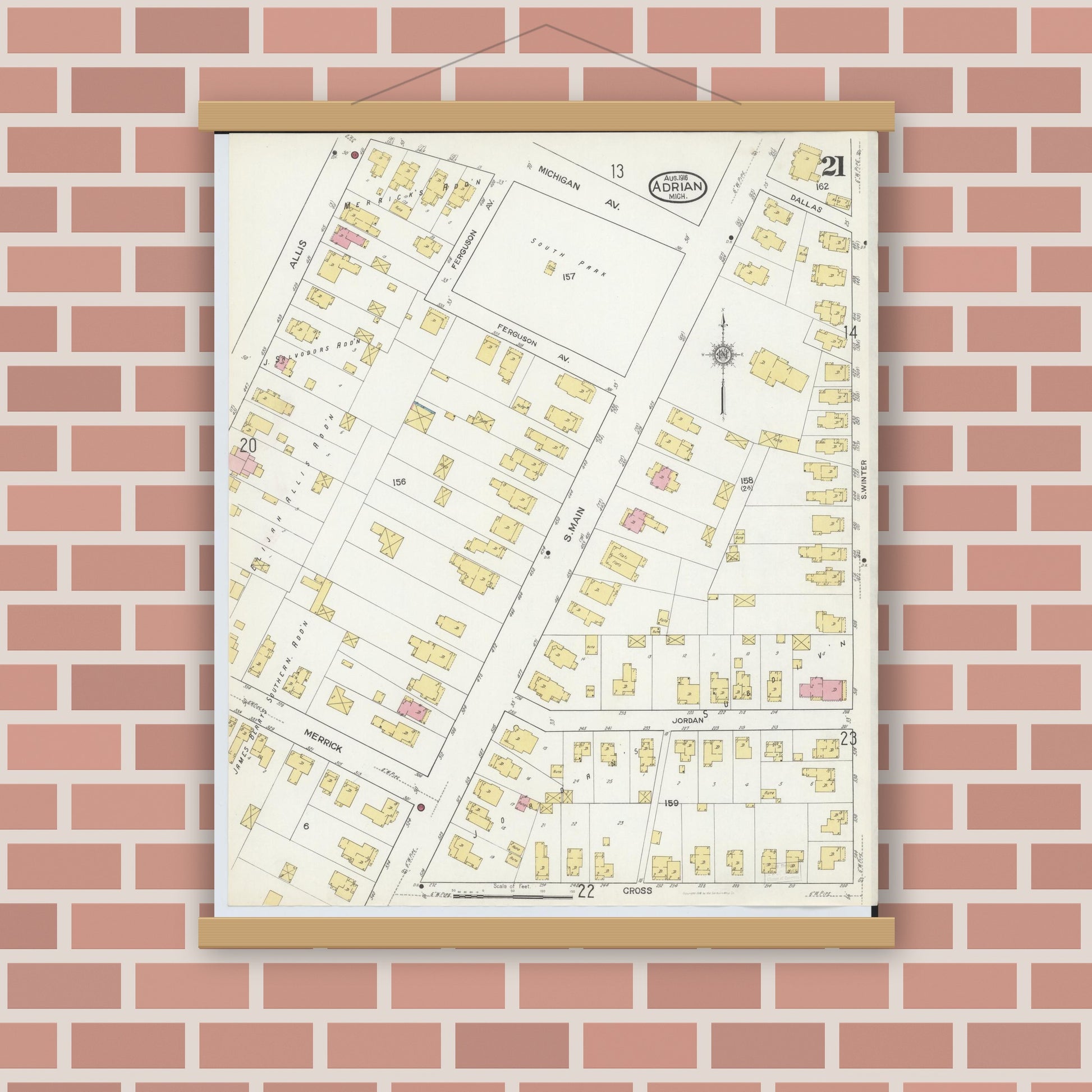 Old map wall art mockup — magnetic wood frame on brick wall — Sanborn Fire Insurance Map from Adrian, Lenawee County, Michigan (1916), Sheet #0021