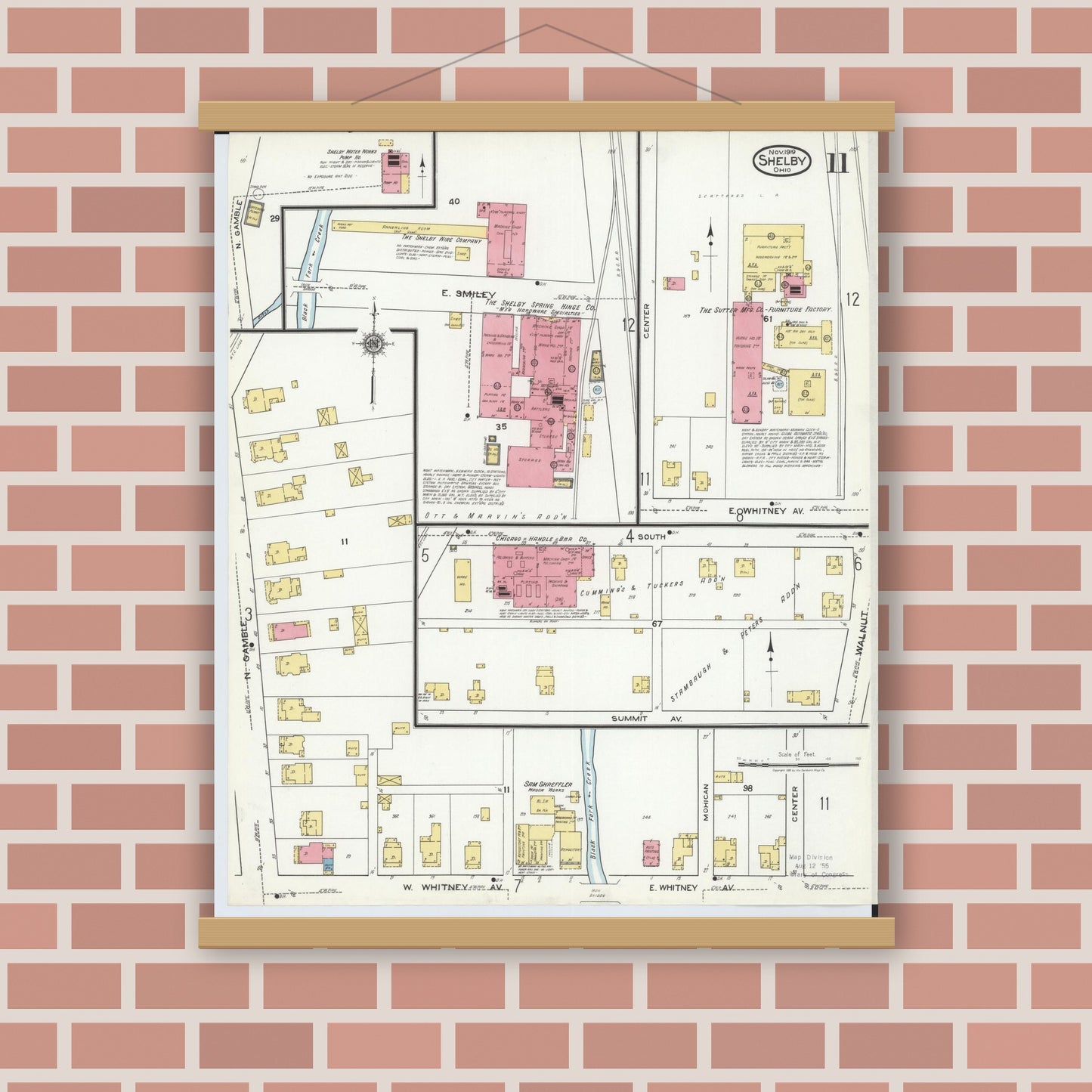 Old map wall art mockup — magnetic wood frame on brick wall — Sanborn Fire Insurance Map from Shelby, Richland County, Ohio (1919), Sheet #0011