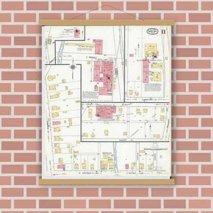 Old map wall art mockup — magnetic wood frame on brick wall — Sanborn Fire Insurance Map from Shelby, Richland County, Ohio (1919), Sheet #0011