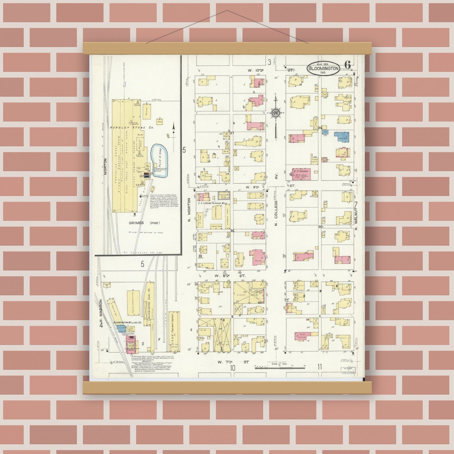 Old map wall art mockup — magnetic wood frame on brick wall — Sanborn Fire Insurance Map from Bloomington, Monroe County, Indiana (1913), Sheet #0006