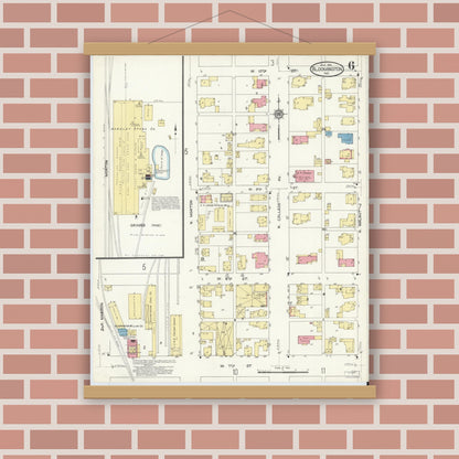 Old map wall art mockup — magnetic wood frame on brick wall — Sanborn Fire Insurance Map from Bloomington, Monroe County, Indiana (1913), Sheet #0006