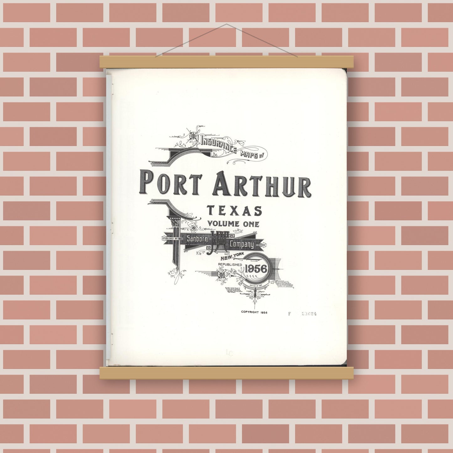 Old map wall art mockup — magnetic wood frame on brick wall — Sanborn Fire Insurance Map from Port Arthur, Jefferson County, Texas (1956) - Complete Map Set