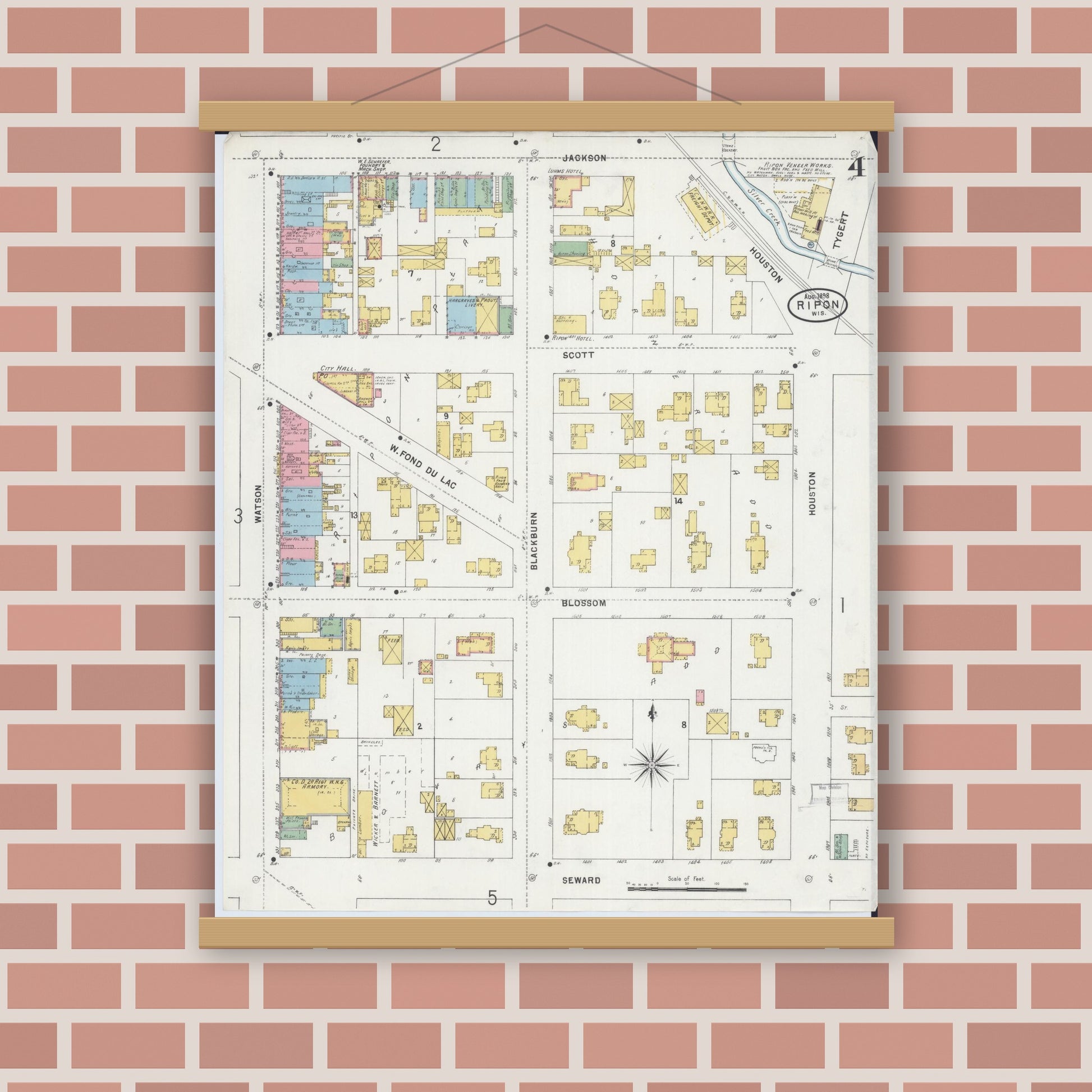 Old map wall art mockup — magnetic wood frame on brick wall — Sanborn Fire Insurance Map from Ripon, Fond du Lac County, Wisconsin (1898), Sheet #0004