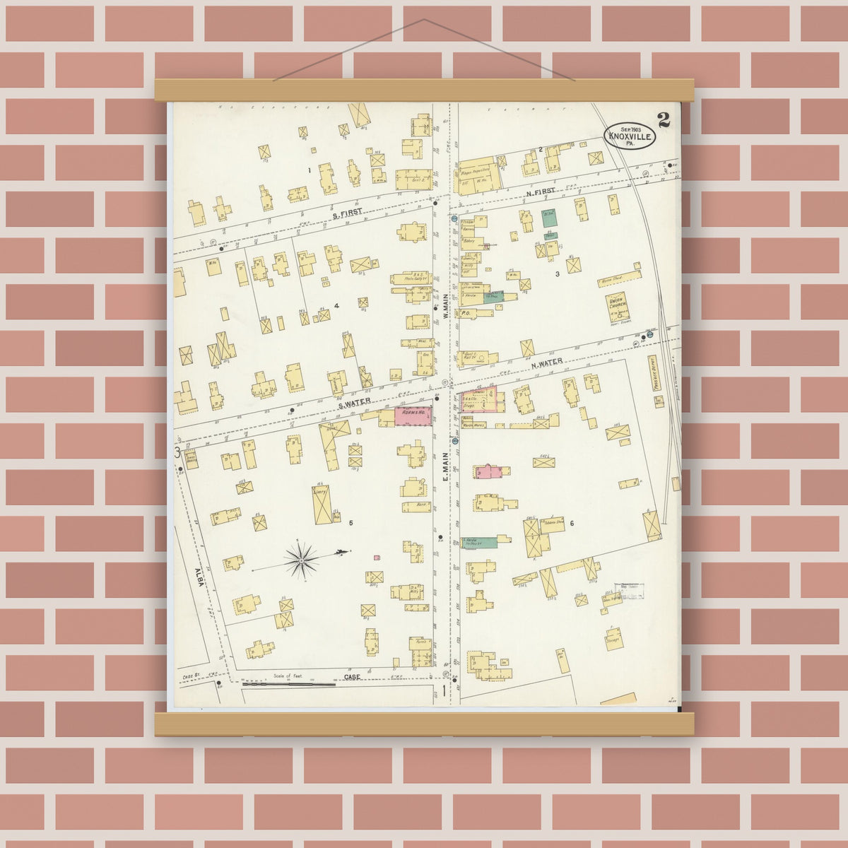Old map wall art mockup — magnetic wood frame on brick wall — Sanborn Fire Insurance Map from Knoxville, Tioga County, Pennsylvania (1903), Sheet #0002