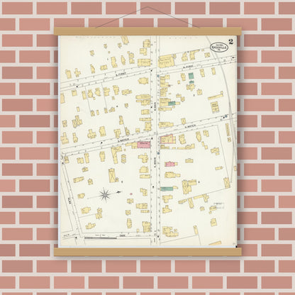 Old map wall art mockup — magnetic wood frame on brick wall — Sanborn Fire Insurance Map from Knoxville, Tioga County, Pennsylvania (1903), Sheet #0002