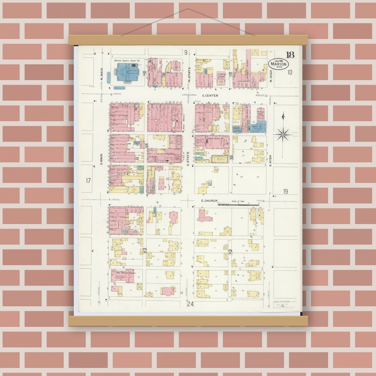 Old map wall art mockup — magnetic wood frame on brick wall — Sanborn Fire Insurance Map from Marion, Marion County, Ohio (1908), Sheet #0018