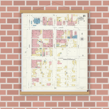 Old map wall art mockup — magnetic wood frame on brick wall — Sanborn Fire Insurance Map from Marion, Marion County, Ohio (1908), Sheet #0018