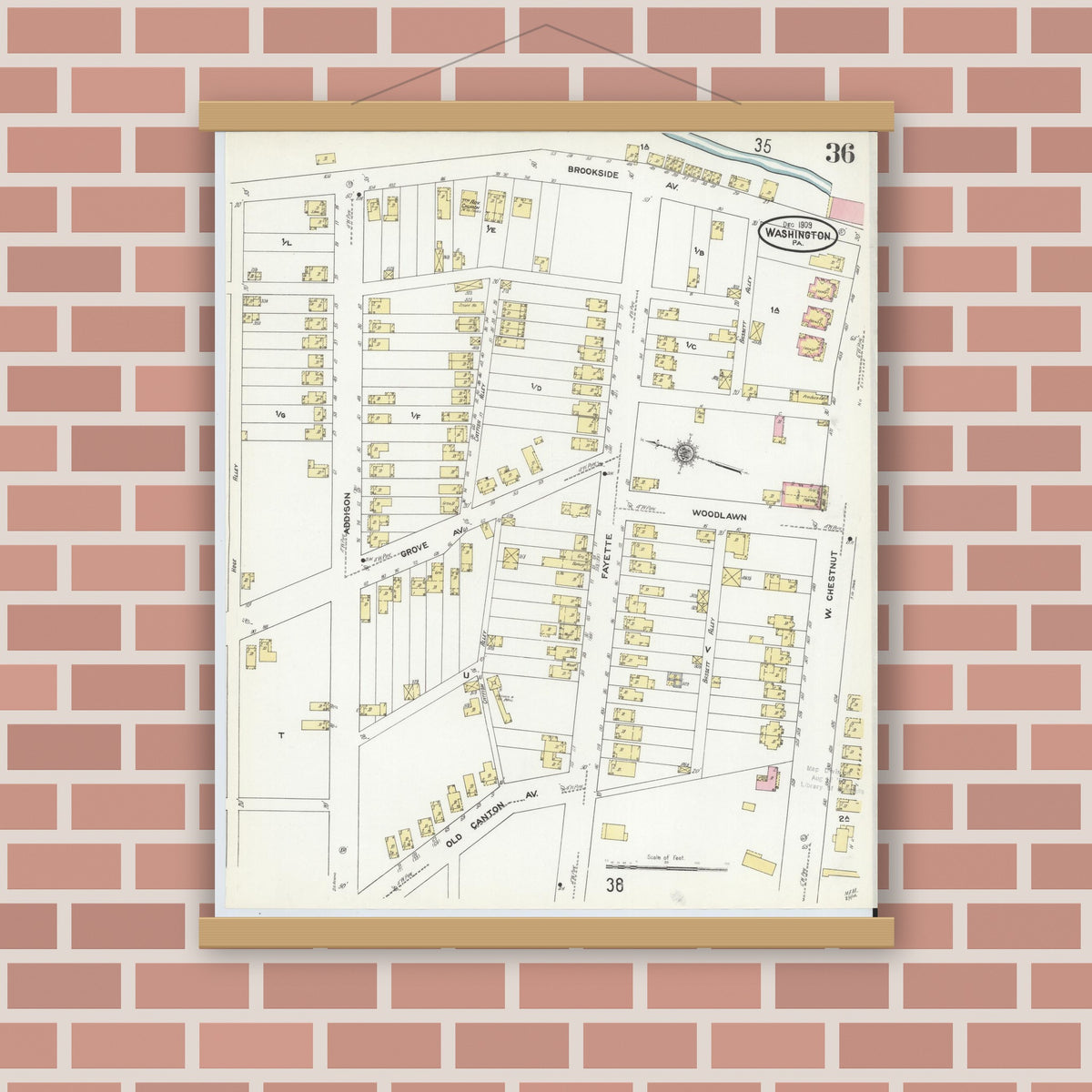 Old map wall art mockup — magnetic wood frame on brick wall — Sanborn Fire Insurance Map from Washington, Washington County, Pennsylvania (1909), Sheet #0036
