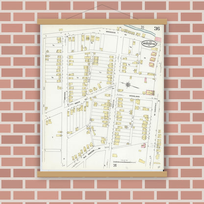 Old map wall art mockup — magnetic wood frame on brick wall — Sanborn Fire Insurance Map from Washington, Washington County, Pennsylvania (1909), Sheet #0036