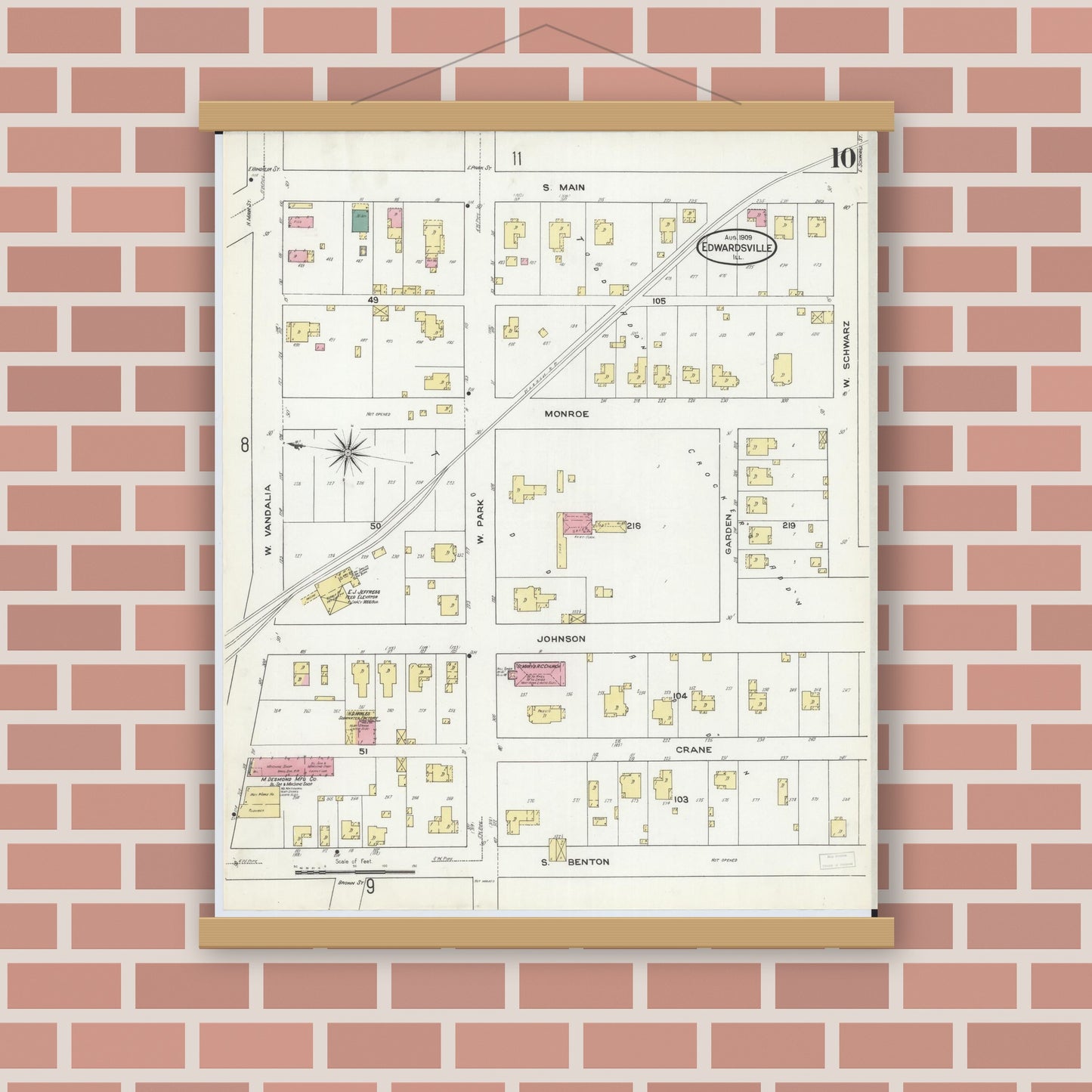 Old map wall art mockup — magnetic wood frame on brick wall — Sanborn Fire Insurance Map from Edwardsville, Madison County, Illinois (1909), Sheet #0010