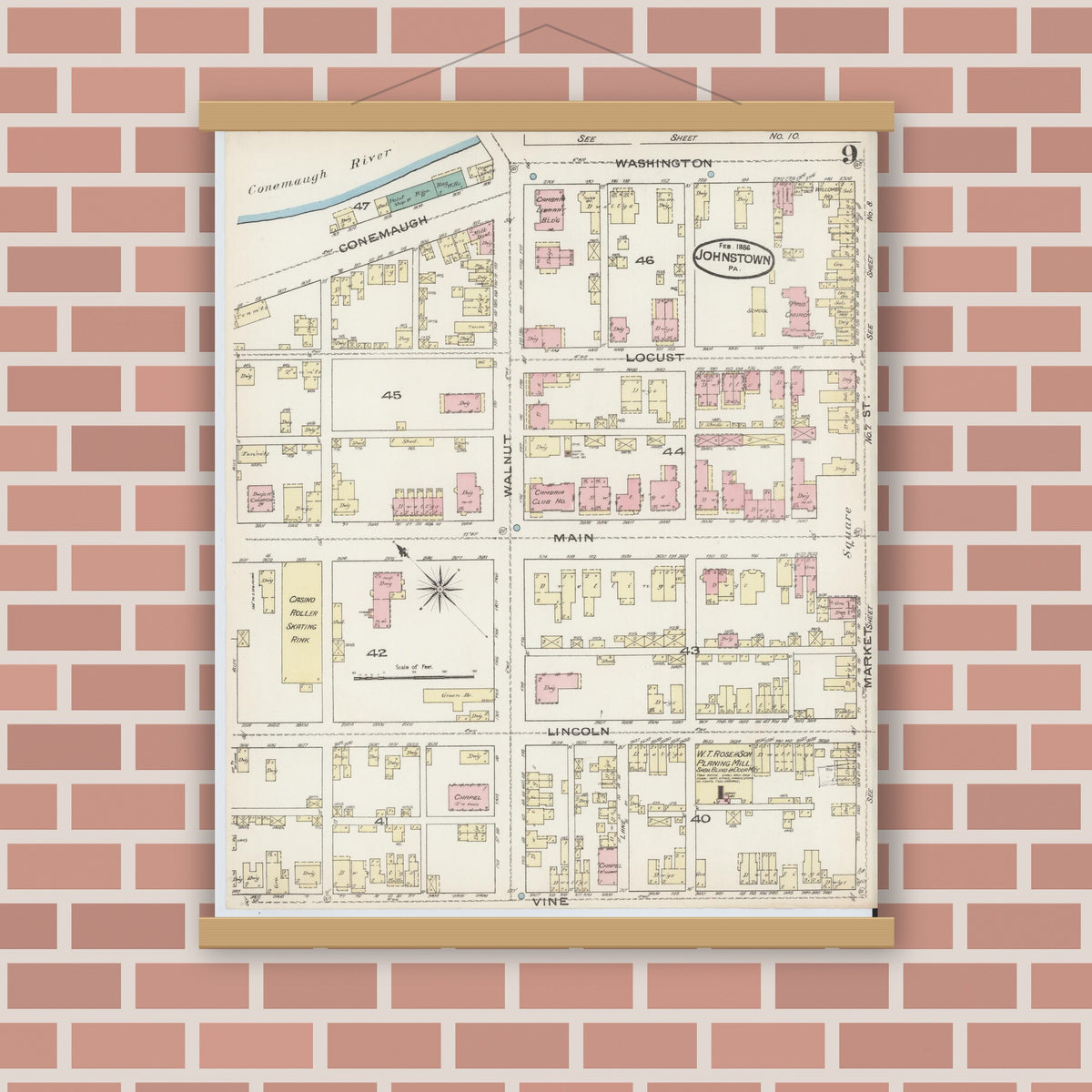 Old map wall art mockup — magnetic wood frame on brick wall — Sanborn Fire Insurance Map from Johnstown, Cambria County, Pennsylvania (1886), Sheet #0009