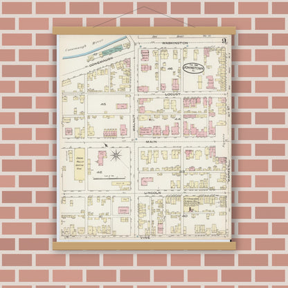 Old map wall art mockup — magnetic wood frame on brick wall — Sanborn Fire Insurance Map from Johnstown, Cambria County, Pennsylvania (1886), Sheet #0009