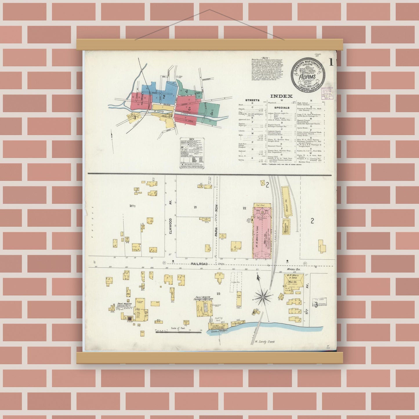 Old map wall art mockup — magnetic wood frame on brick wall — Sanborn Fire Insurance Map from Adams, Jefferson County, New York (1906) - Complete Map Set