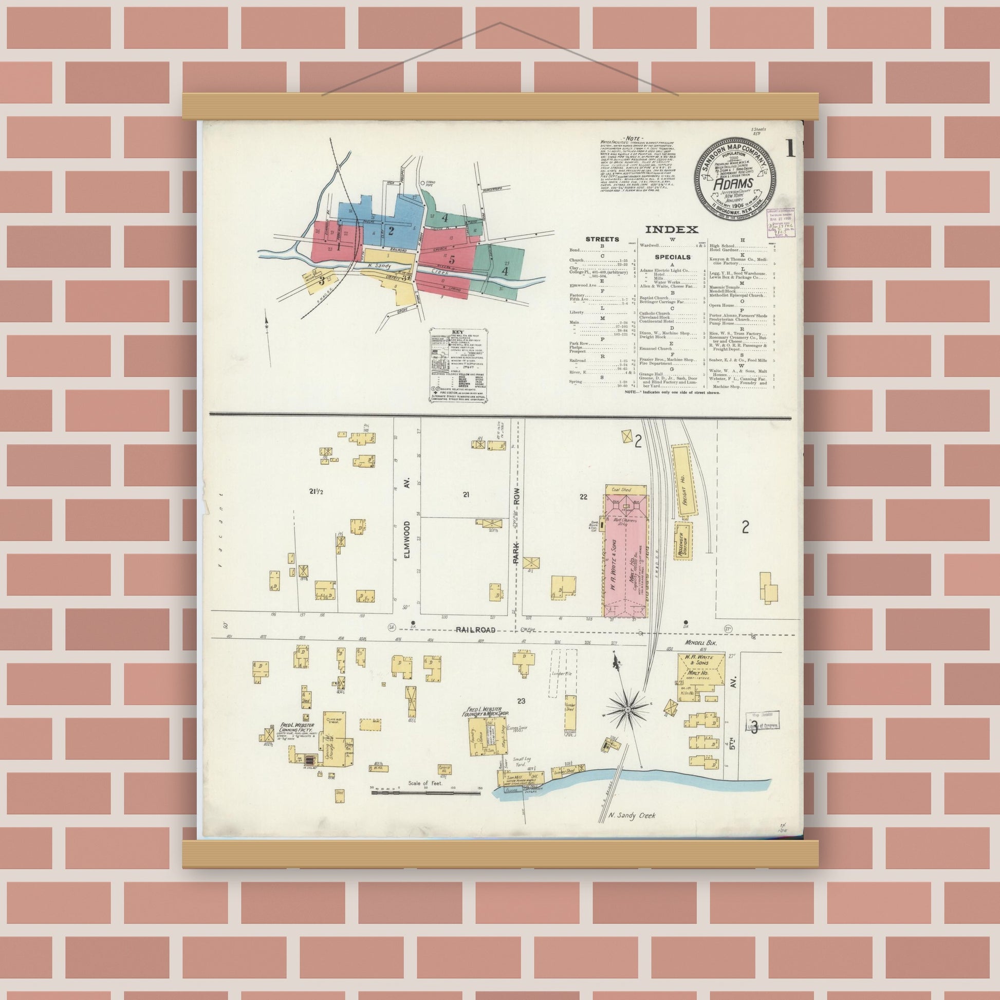 Old map wall art mockup — magnetic wood frame on brick wall — Sanborn Fire Insurance Map from Adams, Jefferson County, New York (1906) - Complete Map Set