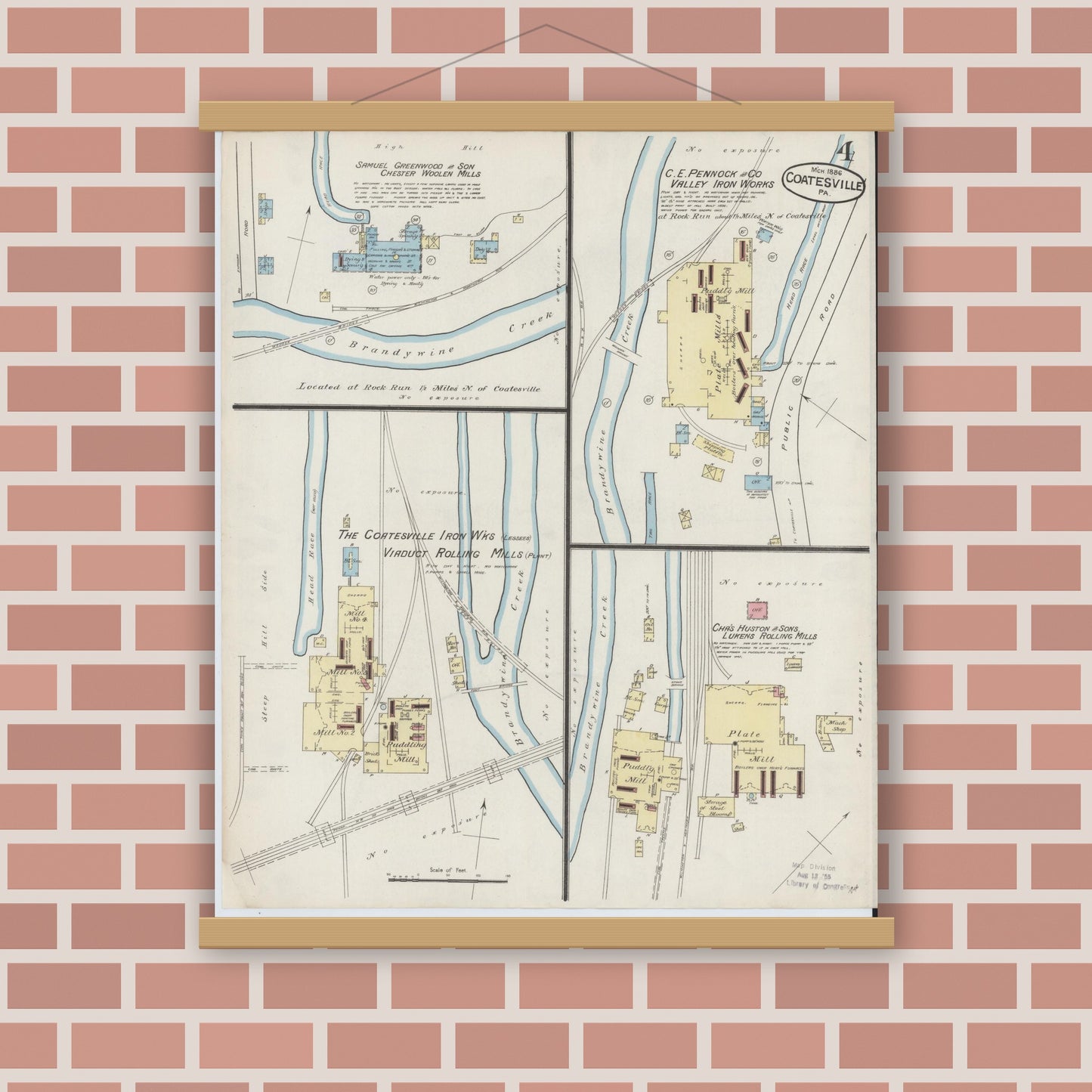 Old map wall art mockup — magnetic wood frame on brick wall — Sanborn Fire Insurance Map from Coatesville, Chester County, Pennsylvania (1886), Sheet #0004