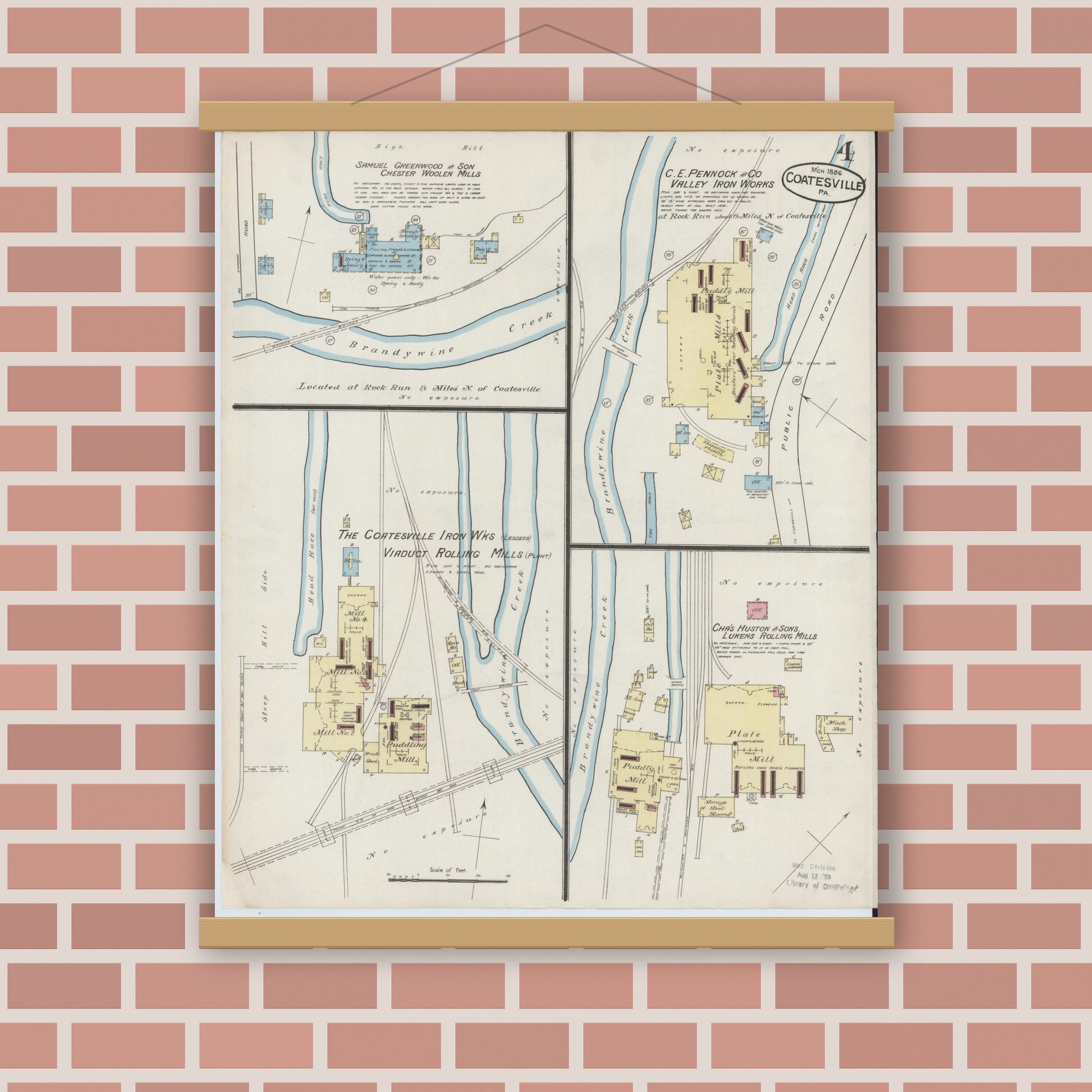 Old map wall art mockup — magnetic wood frame on brick wall — Sanborn Fire Insurance Map from Coatesville, Chester County, Pennsylvania (1886), Sheet #0004
