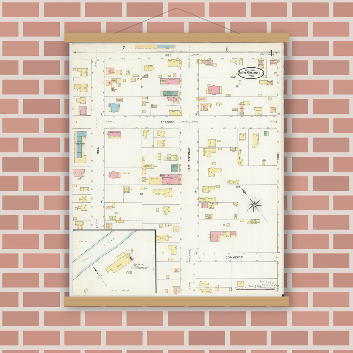 Old map wall art mockup — magnetic wood frame on brick wall — Sanborn Fire Insurance Map from New Braunfels, Comal County, Texas (1907), Sheet #0004