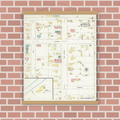 Old map wall art mockup — magnetic wood frame on brick wall — Sanborn Fire Insurance Map from New Braunfels, Comal County, Texas (1907), Sheet #0004