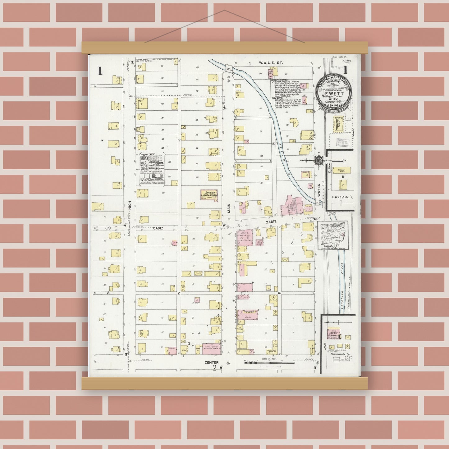Old map wall art mockup — magnetic wood frame on brick wall — Sanborn Fire Insurance Map from Jewett, Harrison County, Ohio (1924), Sheet #0001