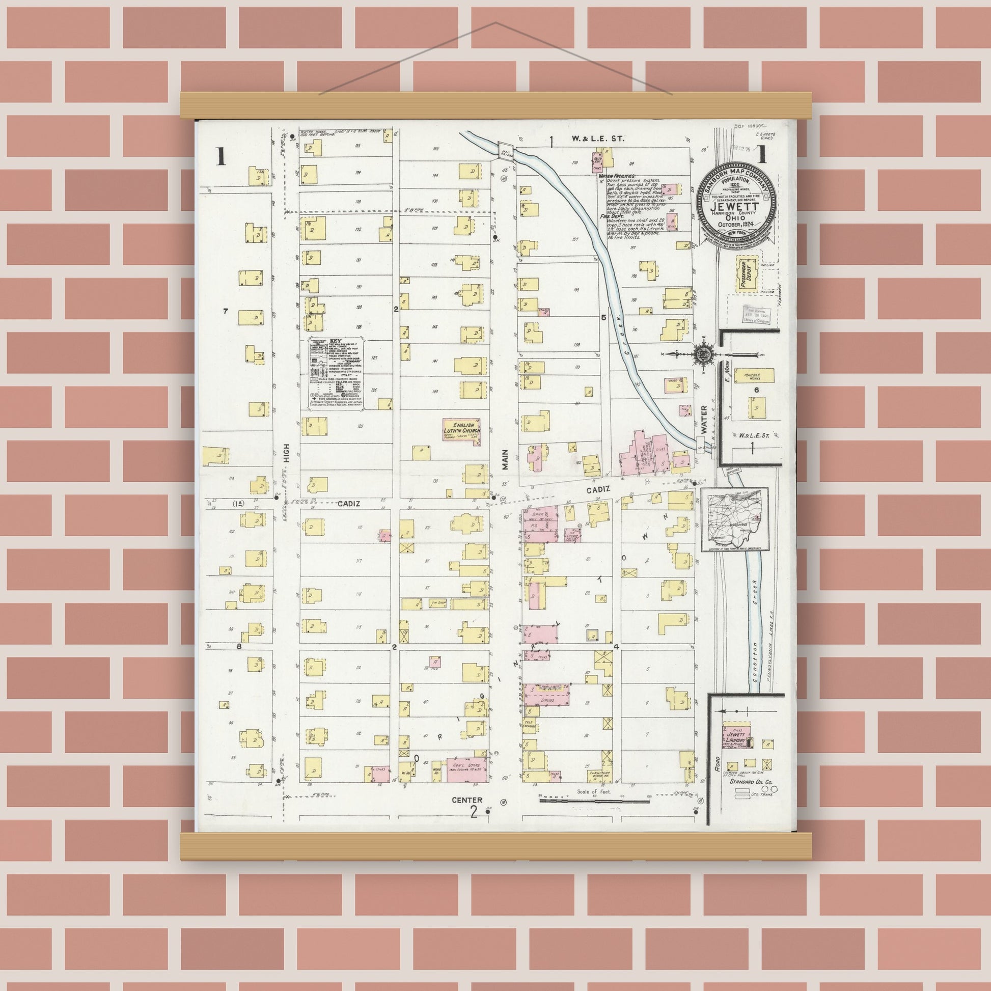 Old map wall art mockup — magnetic wood frame on brick wall — Sanborn Fire Insurance Map from Jewett, Harrison County, Ohio (1924), Sheet #0001