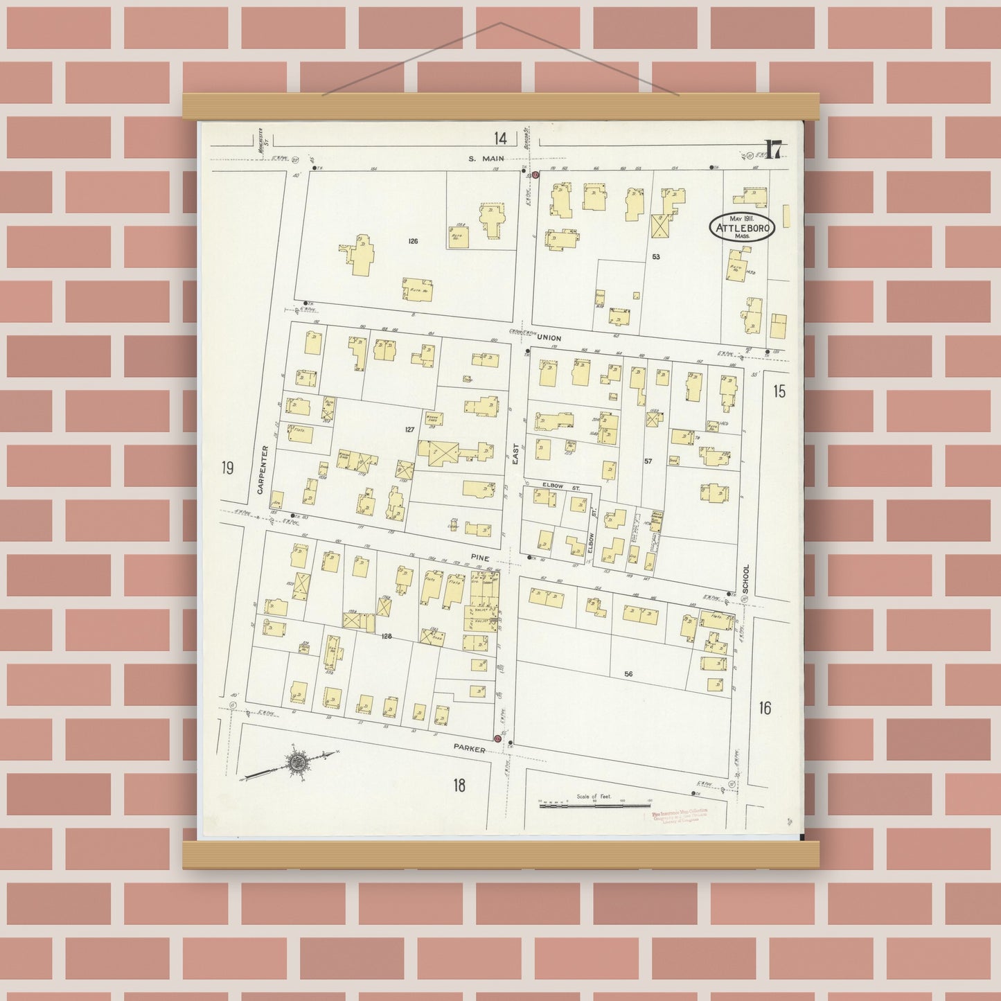 Old map wall art mockup — magnetic wood frame on brick wall — Sanborn Fire Insurance Map from Attleboro, Bristol County, Massachusetts (1911), Sheet #0017