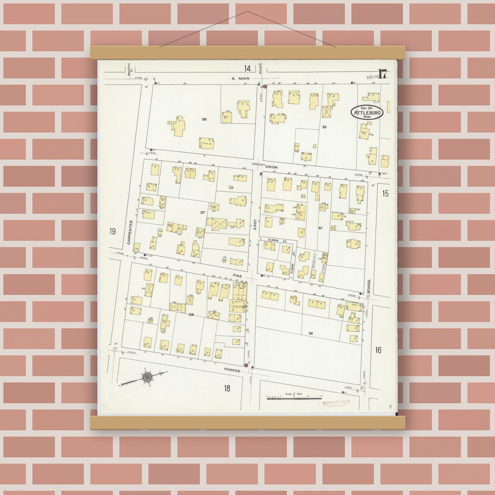 Old map wall art mockup — magnetic wood frame on brick wall — Sanborn Fire Insurance Map from Attleboro, Bristol County, Massachusetts (1911), Sheet #0017