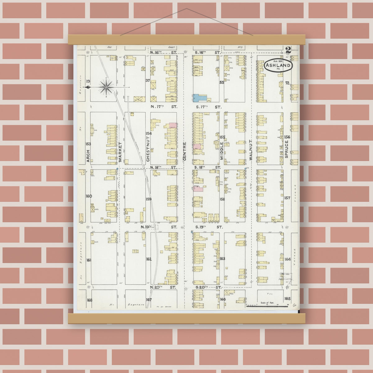 Old map wall art mockup — magnetic wood frame on brick wall — Sanborn Fire Insurance Map from Ashland, Schuylkill County, Pennsylvania (1891), Sheet #0002