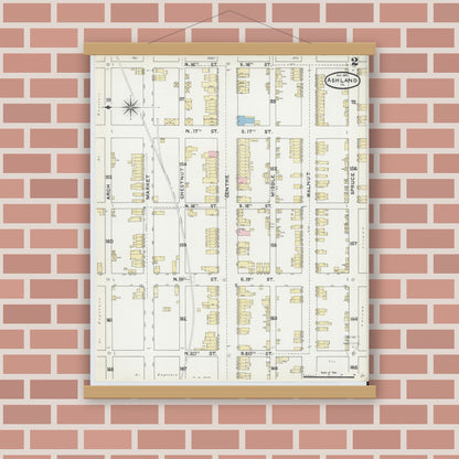 Old map wall art mockup — magnetic wood frame on brick wall — Sanborn Fire Insurance Map from Ashland, Schuylkill County, Pennsylvania (1891), Sheet #0002