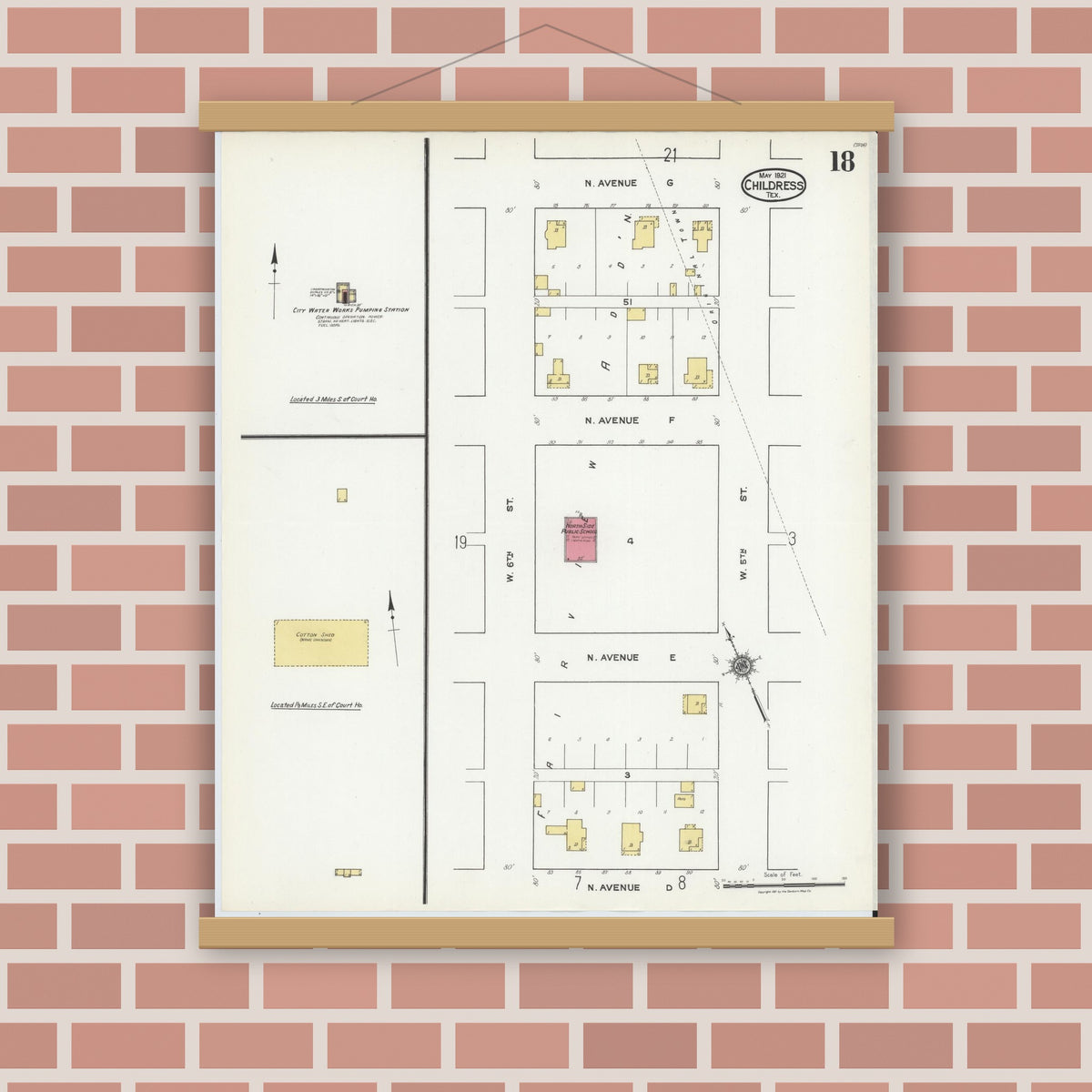 Old map wall art mockup — magnetic wood frame on brick wall — Sanborn Fire Insurance Map from Childress, Childress County, Texas (1921), Sheet #0018