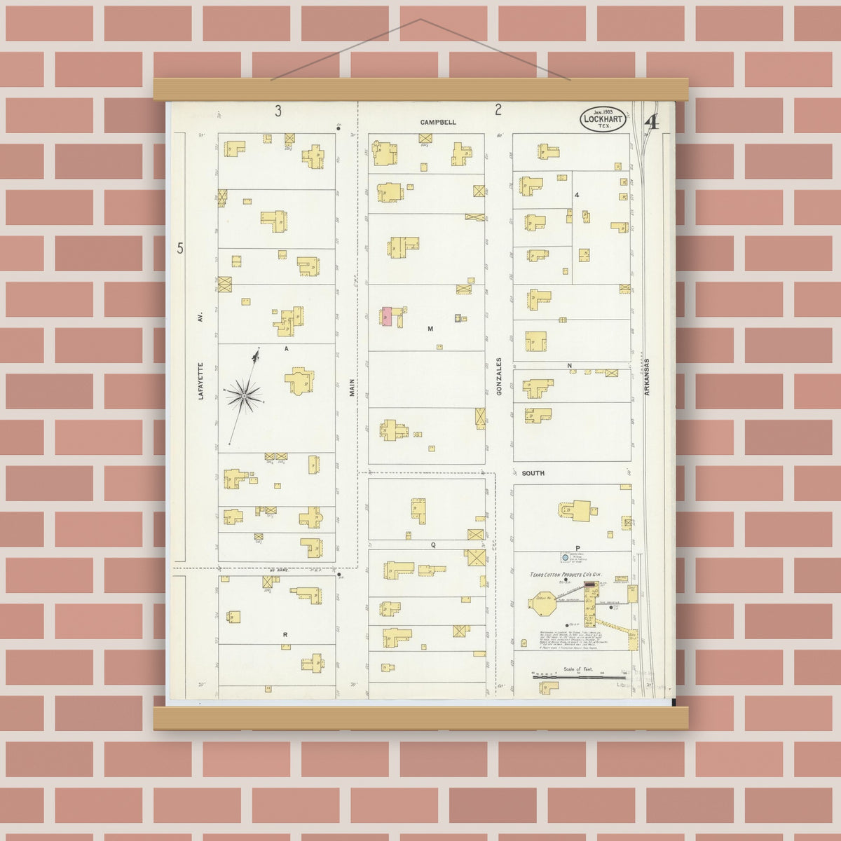 Old map wall art mockup — magnetic wood frame on brick wall — Sanborn Fire Insurance Map from Lockhart, Caldwell County, Texas (1903), Sheet #0004