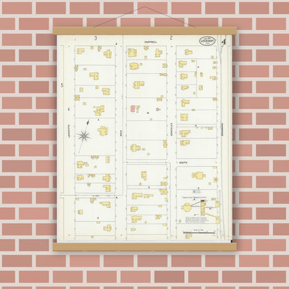 Old map wall art mockup — magnetic wood frame on brick wall — Sanborn Fire Insurance Map from Lockhart, Caldwell County, Texas (1903), Sheet #0004