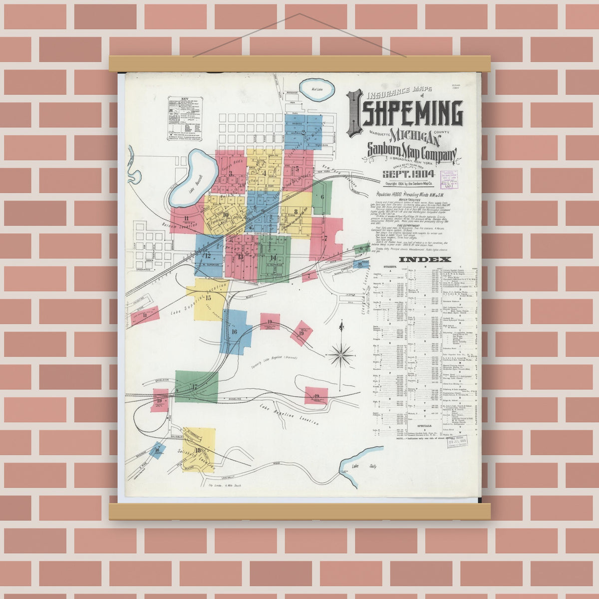 Old map wall art mockup — magnetic wood frame on brick wall — Sanborn Fire Insurance Map from Ishpeming, Marquette County, Michigan (1904), Sheet #0001