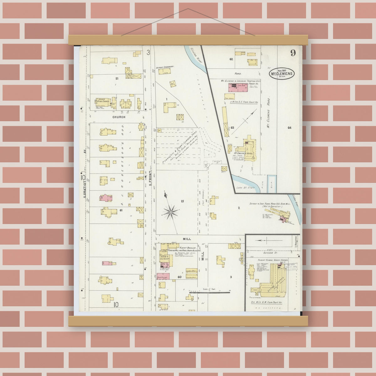 Old map wall art mockup — magnetic wood frame on brick wall — Sanborn Fire Insurance Map from Mount Clemens, Macomb County, Michigan (1897), Sheet #0009