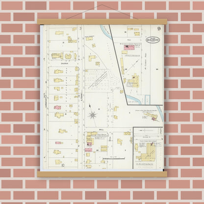 Old map wall art mockup — magnetic wood frame on brick wall — Sanborn Fire Insurance Map from Mount Clemens, Macomb County, Michigan (1897), Sheet #0009