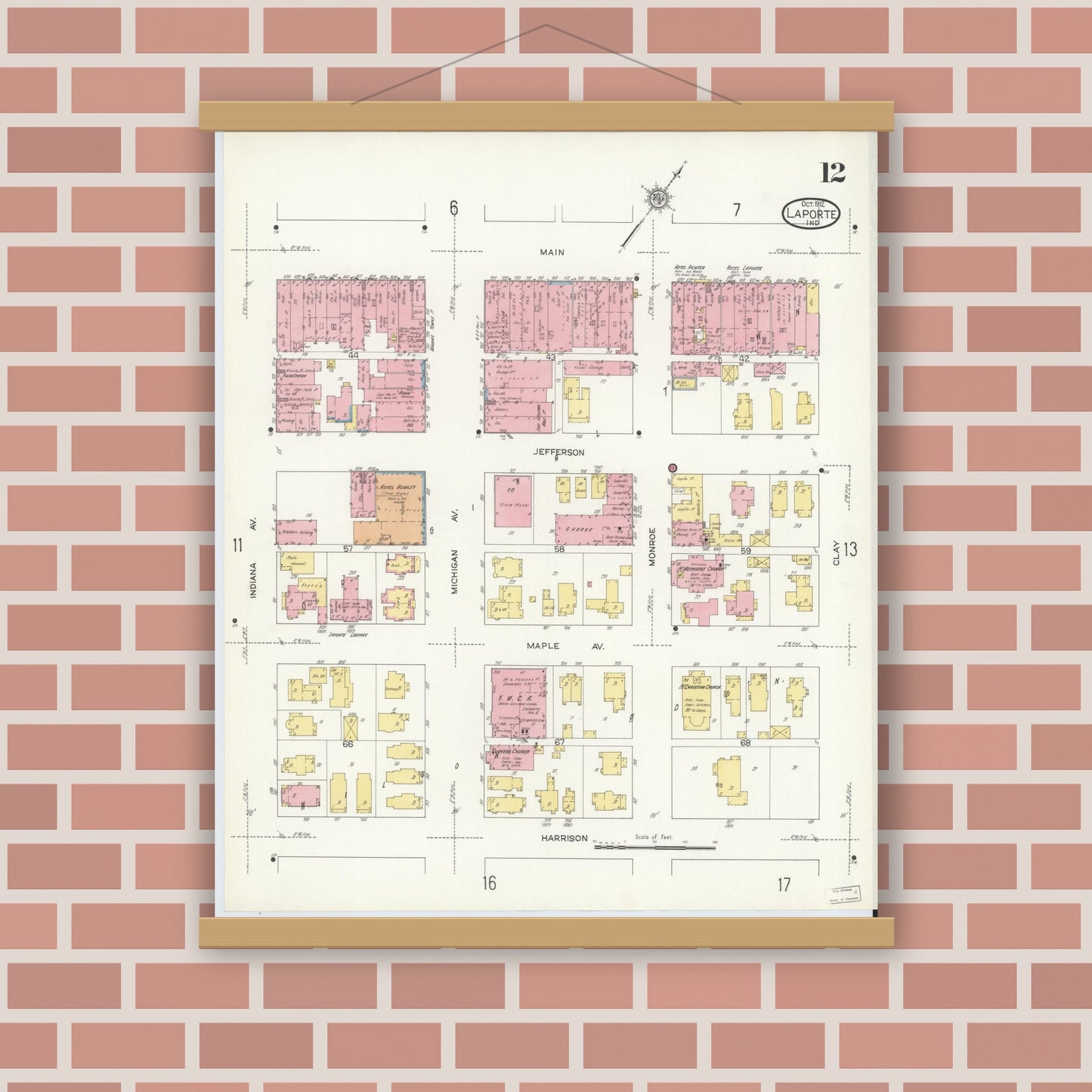 Old map wall art mockup — magnetic wood frame on brick wall — Sanborn Fire Insurance Map from La Porte, La Porte County, Indiana (1912), Sheet #0012