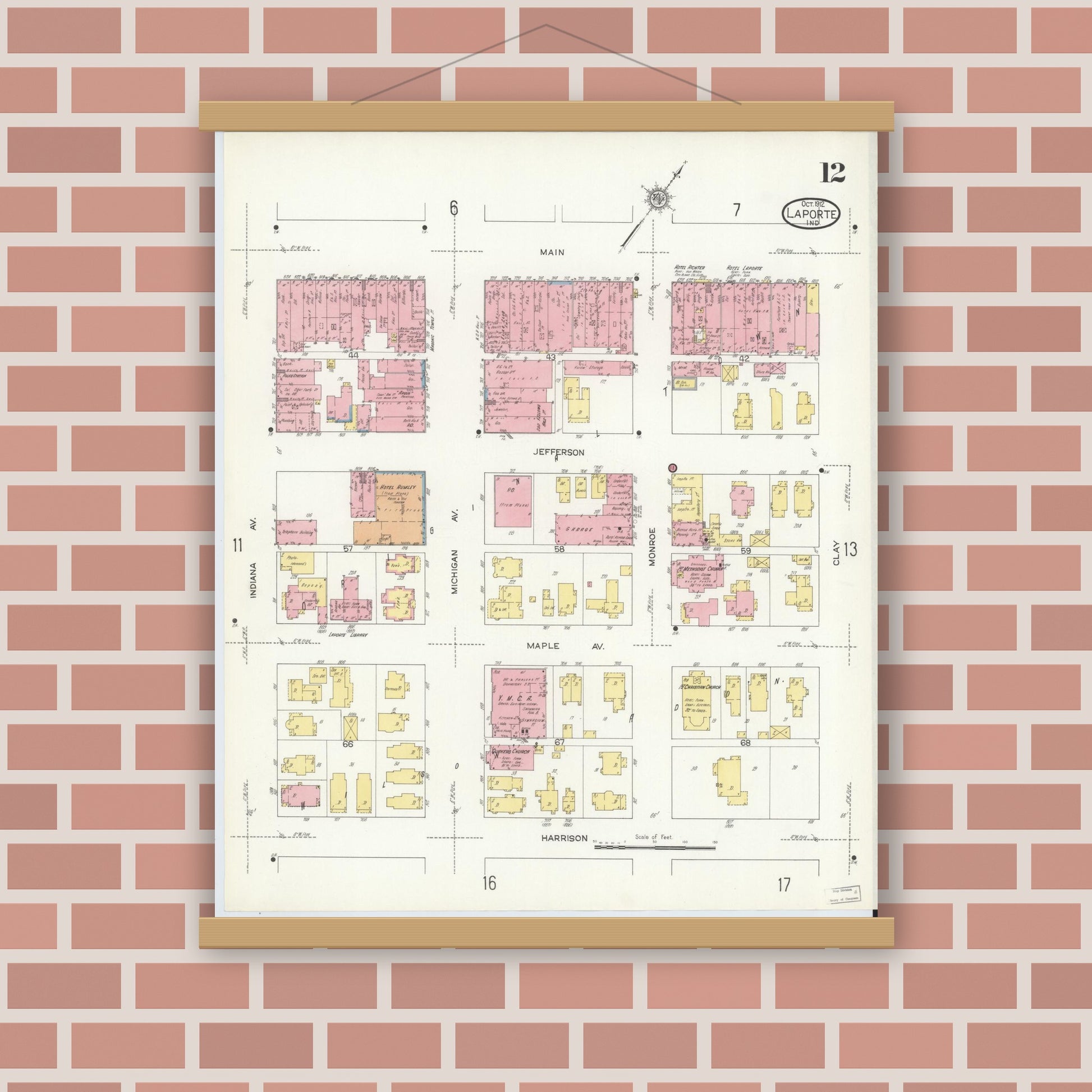 Old map wall art mockup — magnetic wood frame on brick wall — Sanborn Fire Insurance Map from La Porte, La Porte County, Indiana (1912), Sheet #0012
