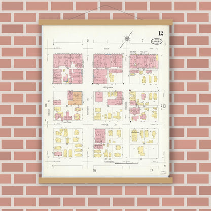 Old map wall art mockup — magnetic wood frame on brick wall — Sanborn Fire Insurance Map from La Porte, La Porte County, Indiana (1912), Sheet #0012