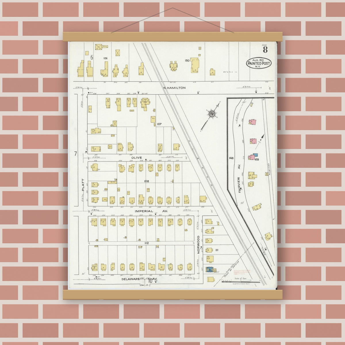Old map wall art mockup — magnetic wood frame on brick wall — Sanborn Fire Insurance Map from Painted Post, Steuben County, New York (1921), Sheet #0008