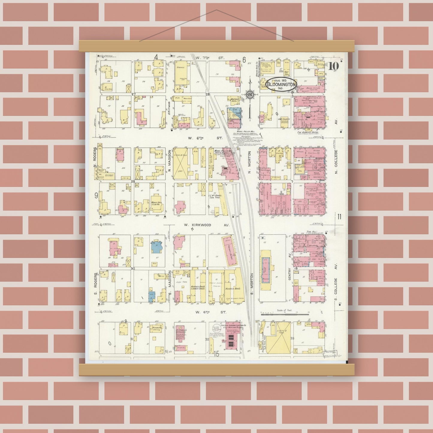 Old map wall art mockup — magnetic wood frame on brick wall — Sanborn Fire Insurance Map from Bloomington, Monroe County, Indiana (1913), Sheet #0010