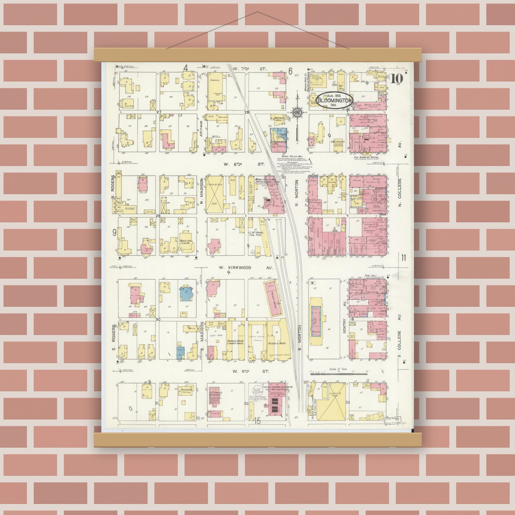 Old map wall art mockup — magnetic wood frame on brick wall — Sanborn Fire Insurance Map from Bloomington, Monroe County, Indiana (1913), Sheet #0010
